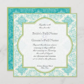 Aqua Blue Limoen Toile Quatrefoil Wedding Invite Kaart (Voorkant / Achterkant)