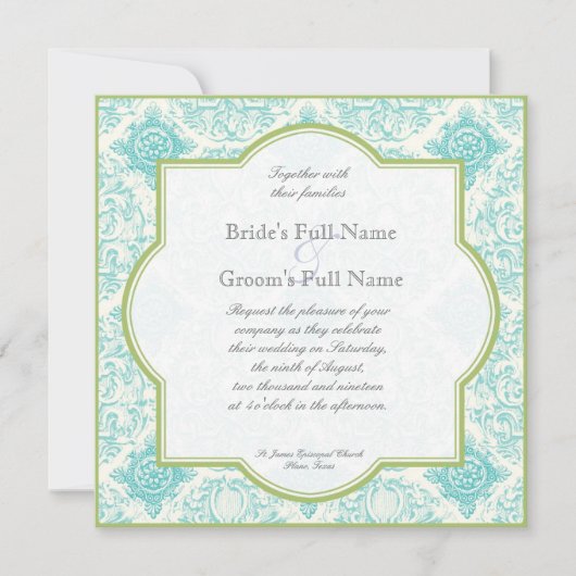 Aqua Blue Limoen Toile Quatrefoil Wedding Invite Kaart (Voorkant)