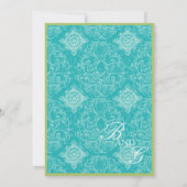 Aqua Blue Limoen Toile Quatrefoil Wedding Invite Kaart (Achterkant)