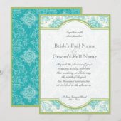 Aqua Blue Limoen Toile Quatrefoil Wedding Invite Kaart (Voorkant / Achterkant)