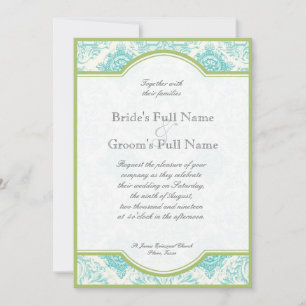 Aqua Blue Limoen Toile Quatrefoil Wedding Invite Kaart