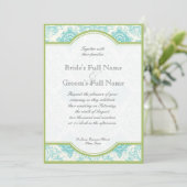 Aqua Blue Limoen Toile Quatrefoil Wedding Invite Kaart (Staand voorkant)
