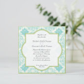 Aqua Blue Limoen Toile Quatrefoil Wedding Invite Kaart (Staand voorkant)