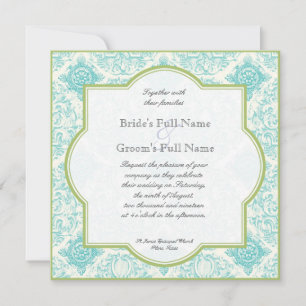 Aqua Blue Limoen Toile Quatrefoil Wedding Invite Kaart