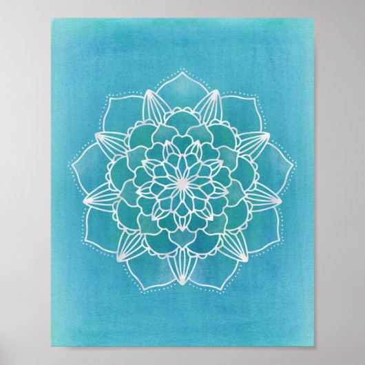 Aqua Blue Mandala Flower Geometric Circle Art Poster (Voorkant)