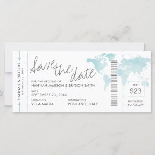 Aqua Blue Map Boarding Pass Ticket Save the Date