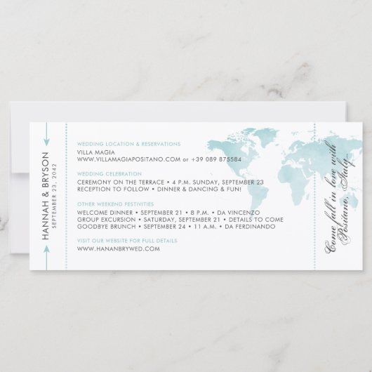 Aqua Blue Map Boarding Pass Ticket Save the Date (Achterkant)
