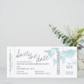 Aqua Blue Map Boarding Pass Ticket Save the Date (Staand voorkant)