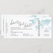 Aqua Blue Map Boarding Pass Ticket Save the Date (Voorkant / Achterkant)