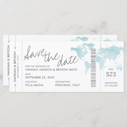 Aqua Blue Map Boarding Pass Ticket Save the Date (Voorkant / Achterkant)