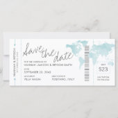 Aqua Blue Map Boarding Pass Ticket Save the Date (Voorkant)