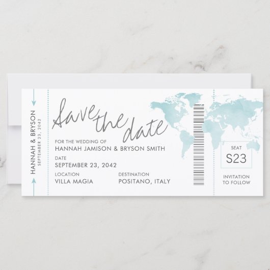 Aqua Blue Map Boarding Pass Ticket Save the Date (Voorkant)