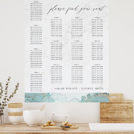 AQUA BLUE MARBLE GOLD AGATE WEDDING SEINGESCHART POSTER (Keuken)