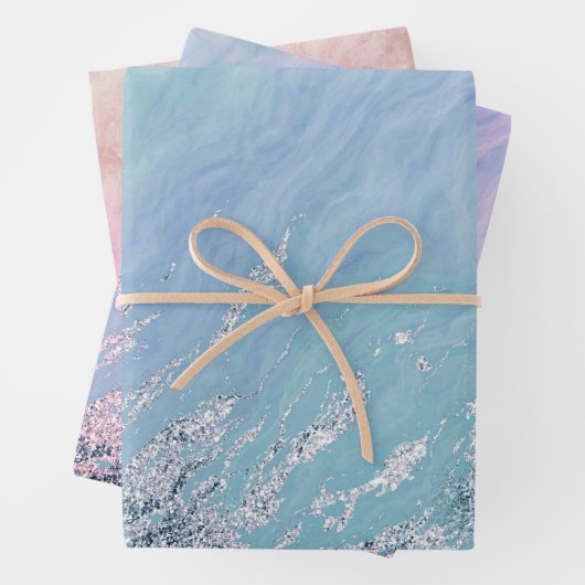 Aqua Blue Marble Texture Silver Glitter Zee Waves Inpakpapier Vel (In situ)