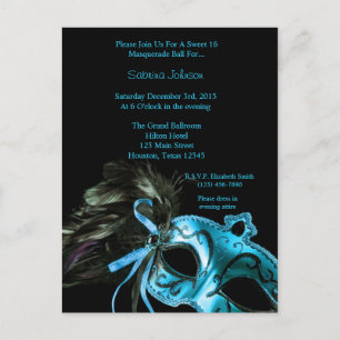 Aqua Blue Masquerade Ball Sweet Sixteen Birthday Briefkaart