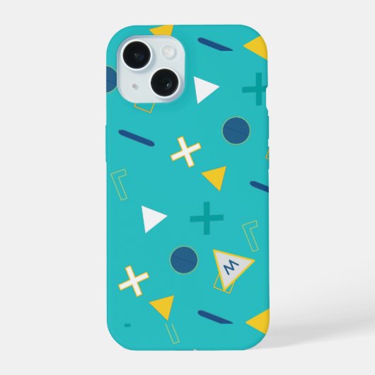 Aqua Blue Memphis Monogram iPhone 15 Case (Achterkant)
