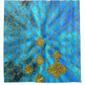 Aqua blue Mermaid Scales met gouden glitter Douchegordijn (Voorkant)