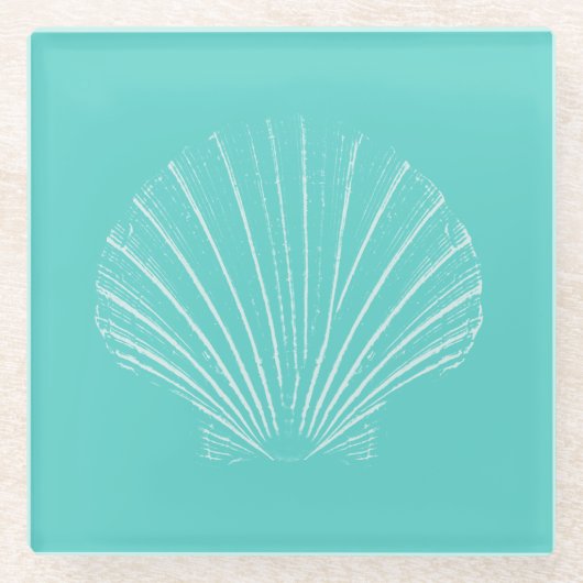 Aqua Blue met White Zee Shell Glazen Onderzetter (Voorkant)