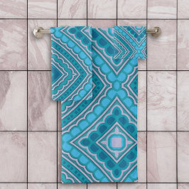 Aqua Blue Mint Blauwgroen Turquoise Etnic Boho Pat Bad Handdoek