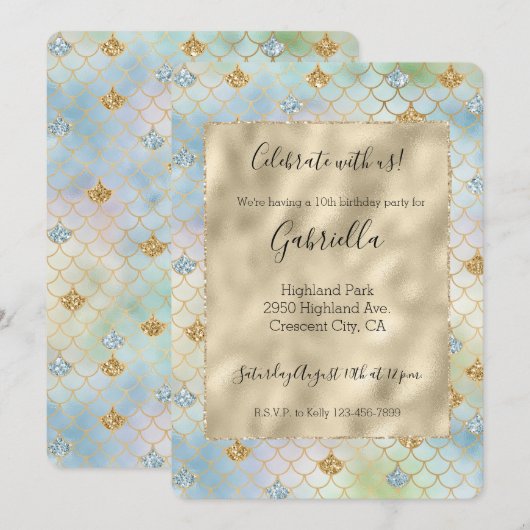 Aqua Blue Mint Gold Glitter Mermaid Kaart (Voorkant / Achterkant)