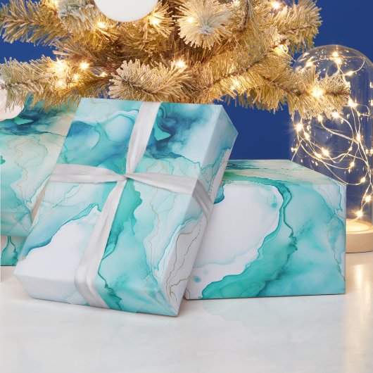 Aqua Blue Mint Goud Wit Marmer Cadeaupapier (Feestdagen)