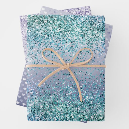 Aqua Blue Mint Paars Glitter Sparkle Inpakpapier Vel (In situ)