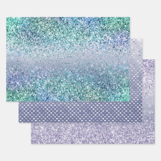 Aqua Blue Mint Paars Glitter Sparkle Inpakpapier Vel (Set)