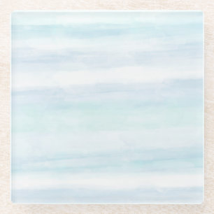 Aqua Blue Mint White Waterverf Stripes Glazen Onderzetter
