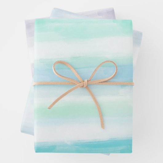 Aqua Blue Mint Witte Waterverf Strepen II Inpakpapier Vel (In situ)