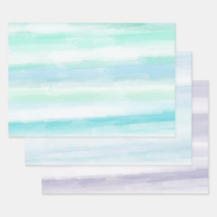Aqua Blue Mint Witte Waterverf Strepen II Inpakpapier Vel