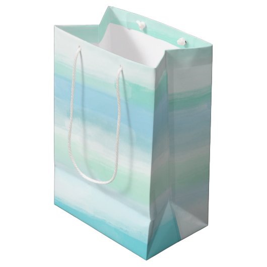 Aqua Blue Mint Witte Waterverf Strepen II Medium Cadeauzakje (Voorkant Gekanteld)
