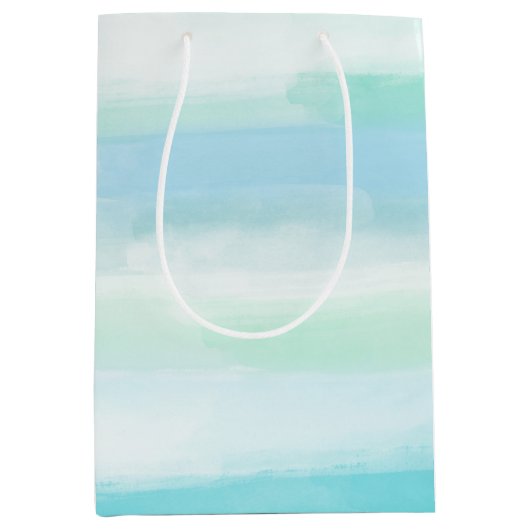 Aqua Blue Mint Witte Waterverf Strepen II Medium Cadeauzakje (Voorkant)