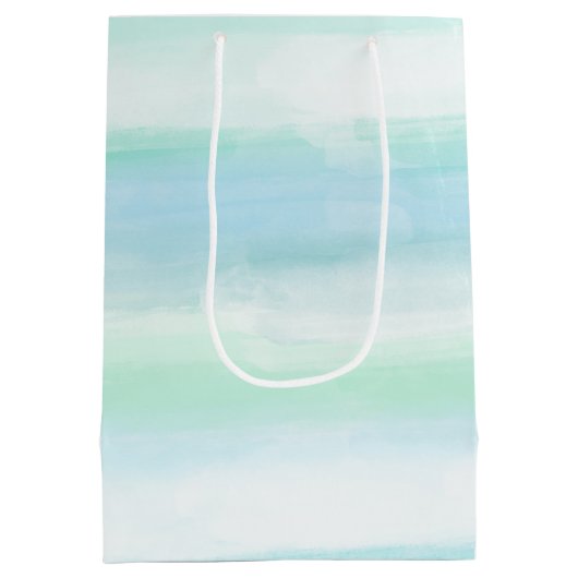 Aqua Blue Mint Witte Waterverf Strepen II Medium Cadeauzakje (Achterkant)