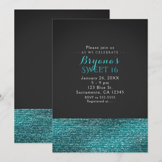 Aqua Blue Moderne Glam Lovertjes Feest Uitnodiging (Voorkant / Achterkant)