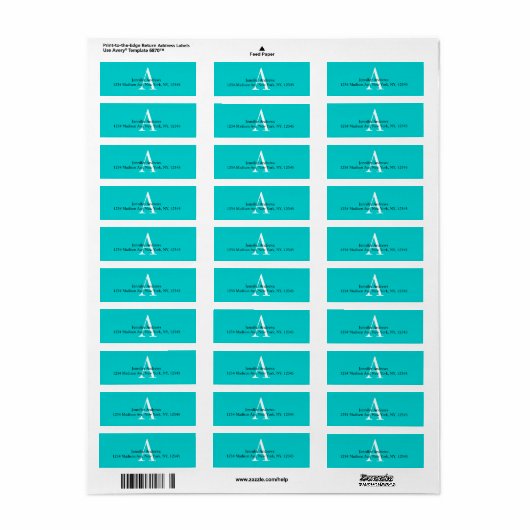 Aqua Blue Monogram A-adreslabels Etiket (Full Sheet)