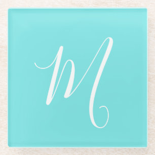 Aqua Blue Monogram-Initiaal Glazen Onderzetter