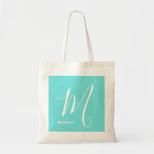 Aqua Blue Monogram Initiaal Naam Budget Tote Bag (Voorkant)