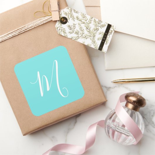 Aqua Blue Monogram-Initiaal Vierkante Sticker (Geschenken)