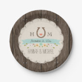 Aqua Blue Monogrammed Hoefijzer Heart Wedding Papieren Bordje (Voorkant)