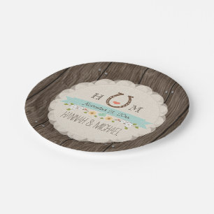 Aqua Blue Monogrammed Hoefijzer Heart Wedding Papieren Bordje