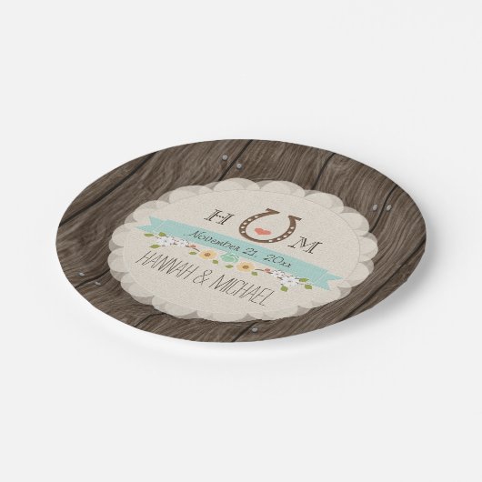 Aqua Blue Monogrammed Hoefijzer Heart Wedding Papieren Bordje (Gekanteld)