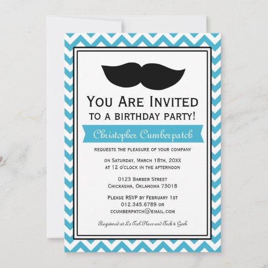 Aqua Blue Mustache Chevron Birthday Party Kaart (Voorkant)