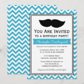 Aqua Blue Mustache Chevron Birthday Party Kaart (Voorkant / Achterkant)