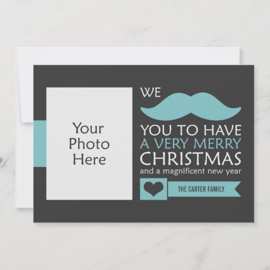 Aqua Blue Mustache - kerstfoto Feestdagenkaart (Voorkant)