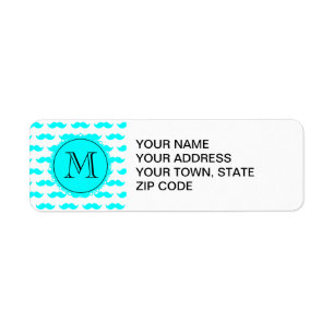 Aqua Blue Mustache Pattern, Aqua Black Monogram Etiket