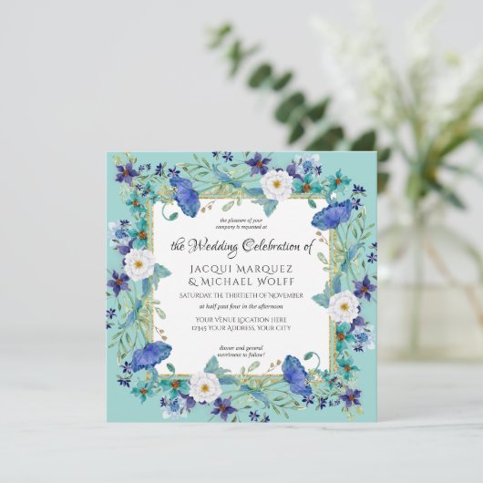 Aqua Blue n Gold Waterverf Elegant Floral Wedding Kaart (Staand voorkant)