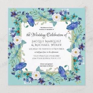 Aqua Blue n Gold Waterverf Elegant Floral Wedding Kaart