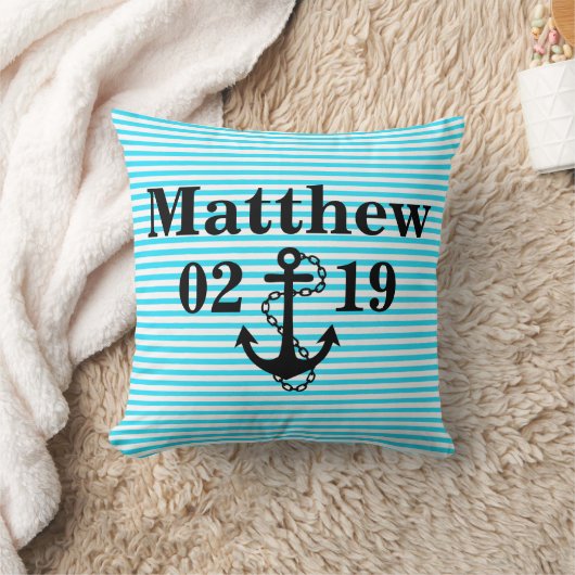 Aqua Blue Name Pillow met Anchor Design Kussen (Deken)