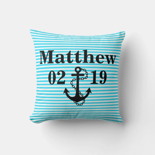 Aqua Blue Name Pillow met Anchor Design Kussen (Voorkant)