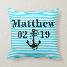 Aqua Blue Name Pillow met Anchor Design